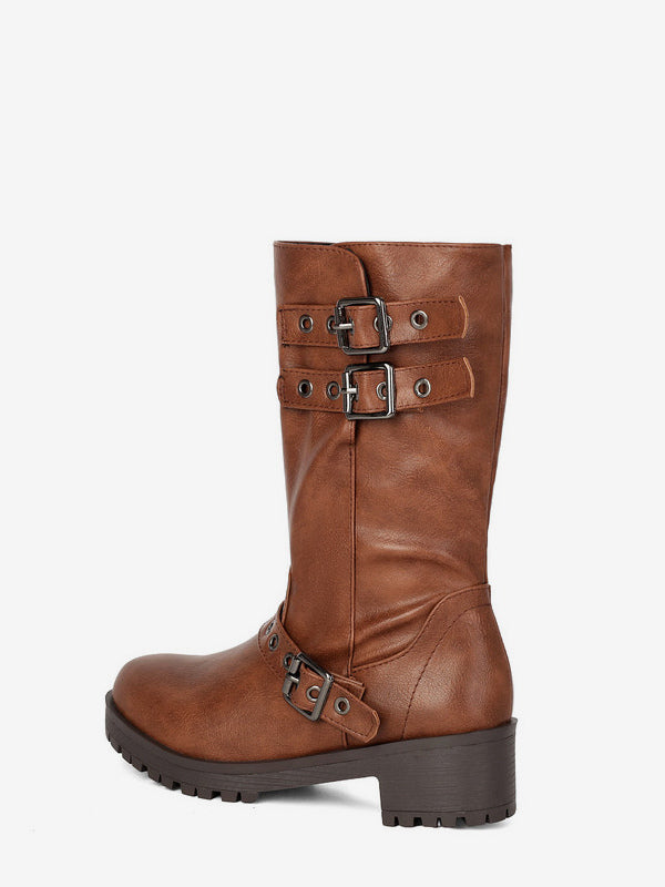 tan round toe block heel buckle ankle boots — view 12