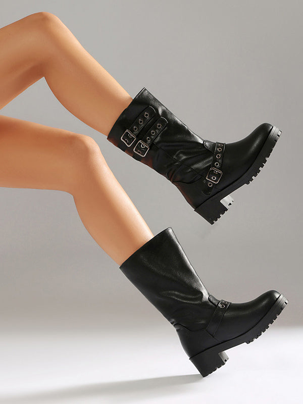 tan round toe block heel buckle ankle boots — view 3