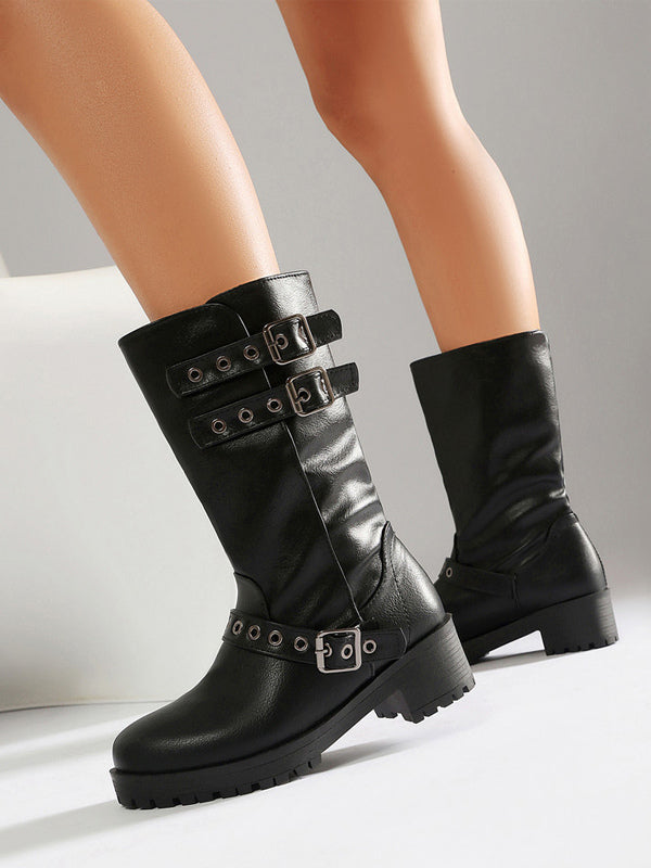 tan round toe block heel buckle ankle boots — view 2