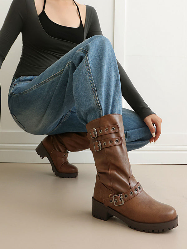 tan round toe block heel buckle ankle boots — view 10