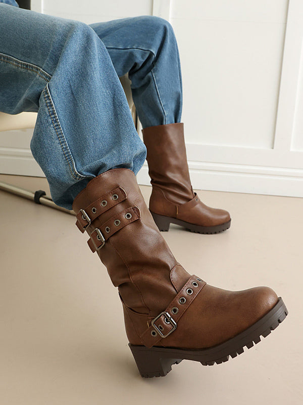 tan round toe block heel buckle ankle boots — view 9