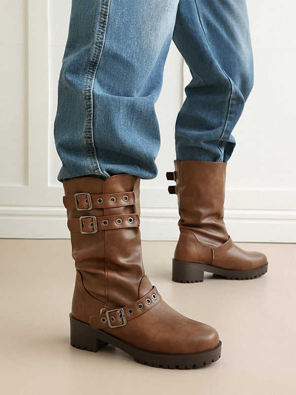 tan round toe block heel buckle ankle boots — view 8