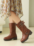 tan round toe block heel buckle ankle boots — view 6