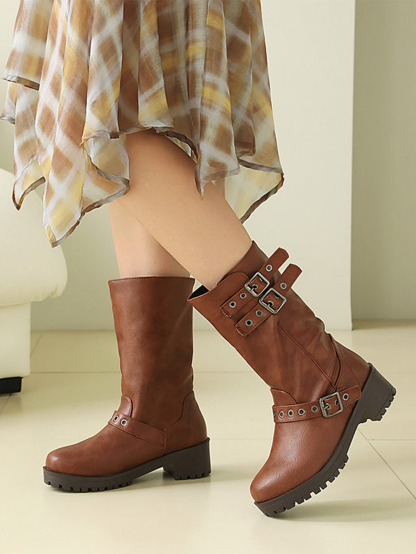 tan round toe block heel buckle ankle boots — view 6