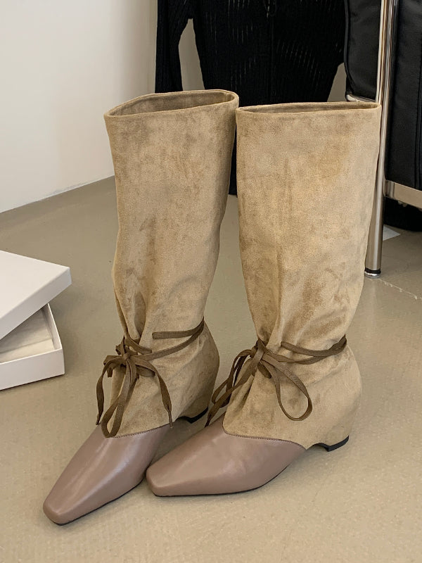 olive square toe lace up contrast panel mid calf boots — view 5
