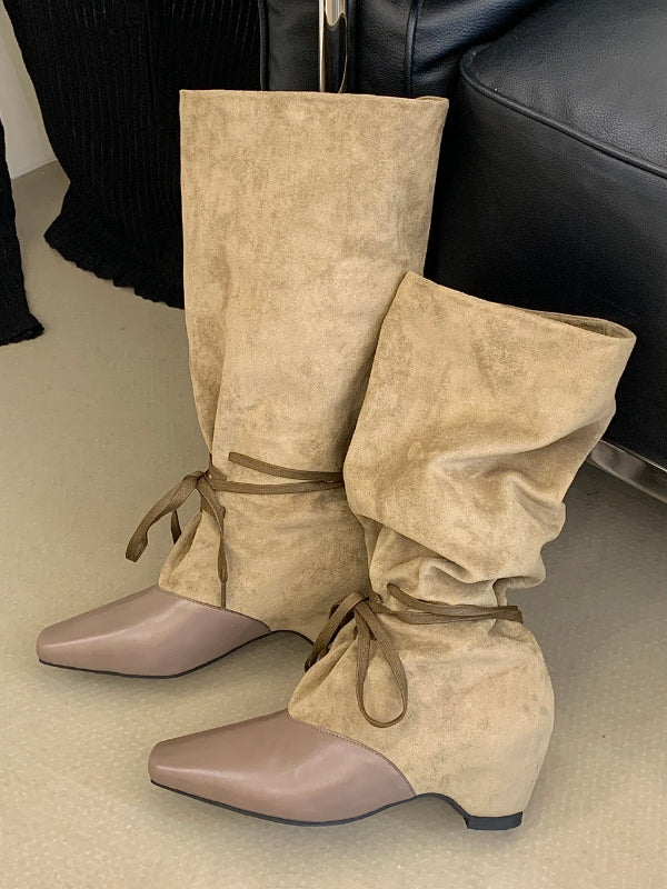 Olive Square-Toe Lace-Up Contrast Panel Mid-Calf Boots — view 6