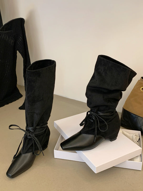olive square toe lace up contrast panel mid calf boots — view 3