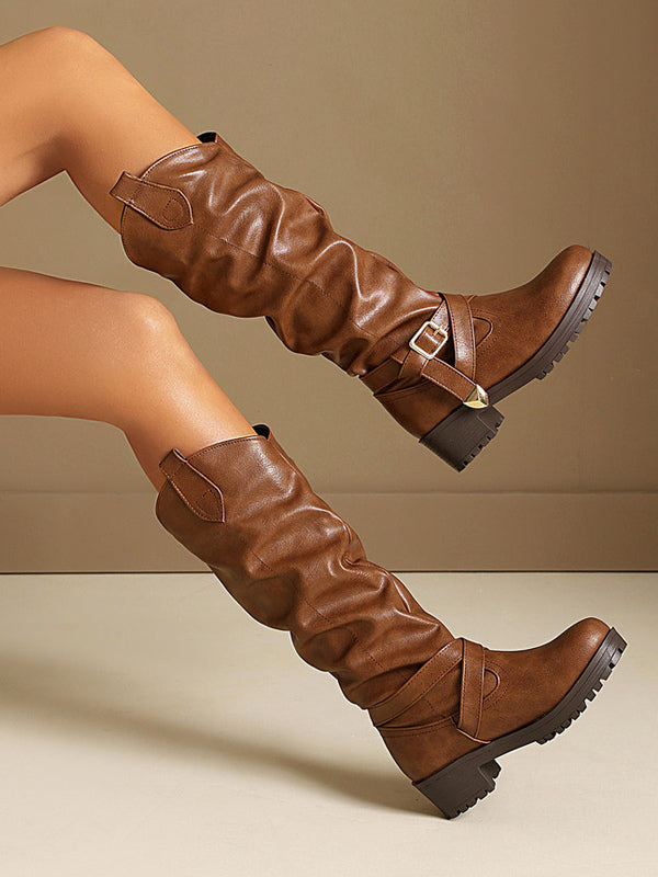 tan round toe knee high boots — view 11