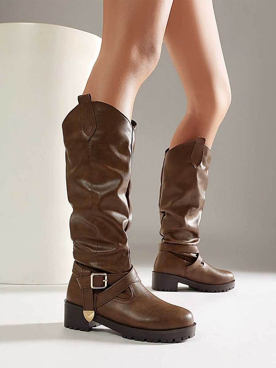 Tan Round-Toe Knee-High Boots — view 1