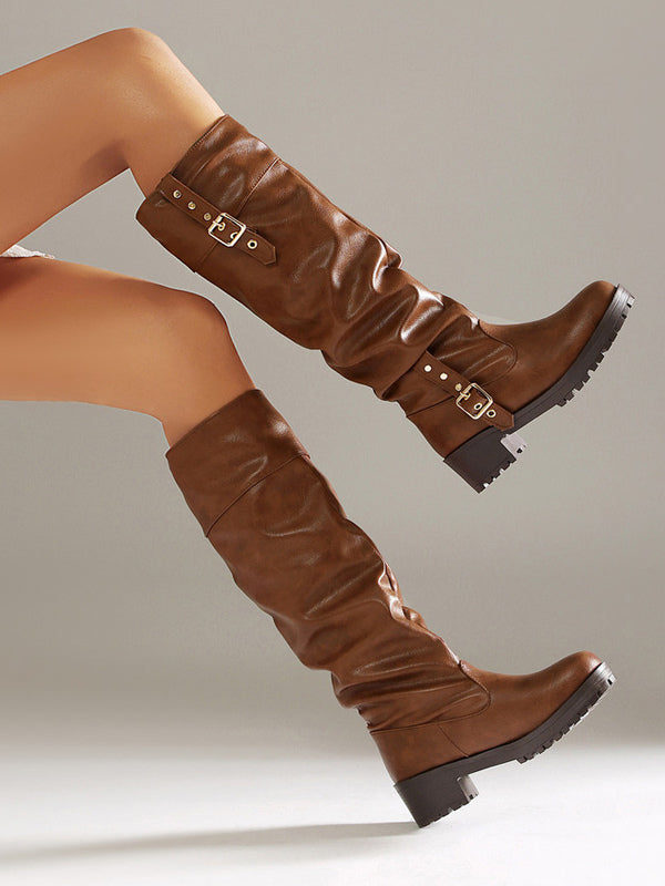 tan round toe buckle knee high boots — view 4