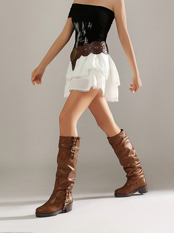 tan round toe buckle knee high boots — view 6