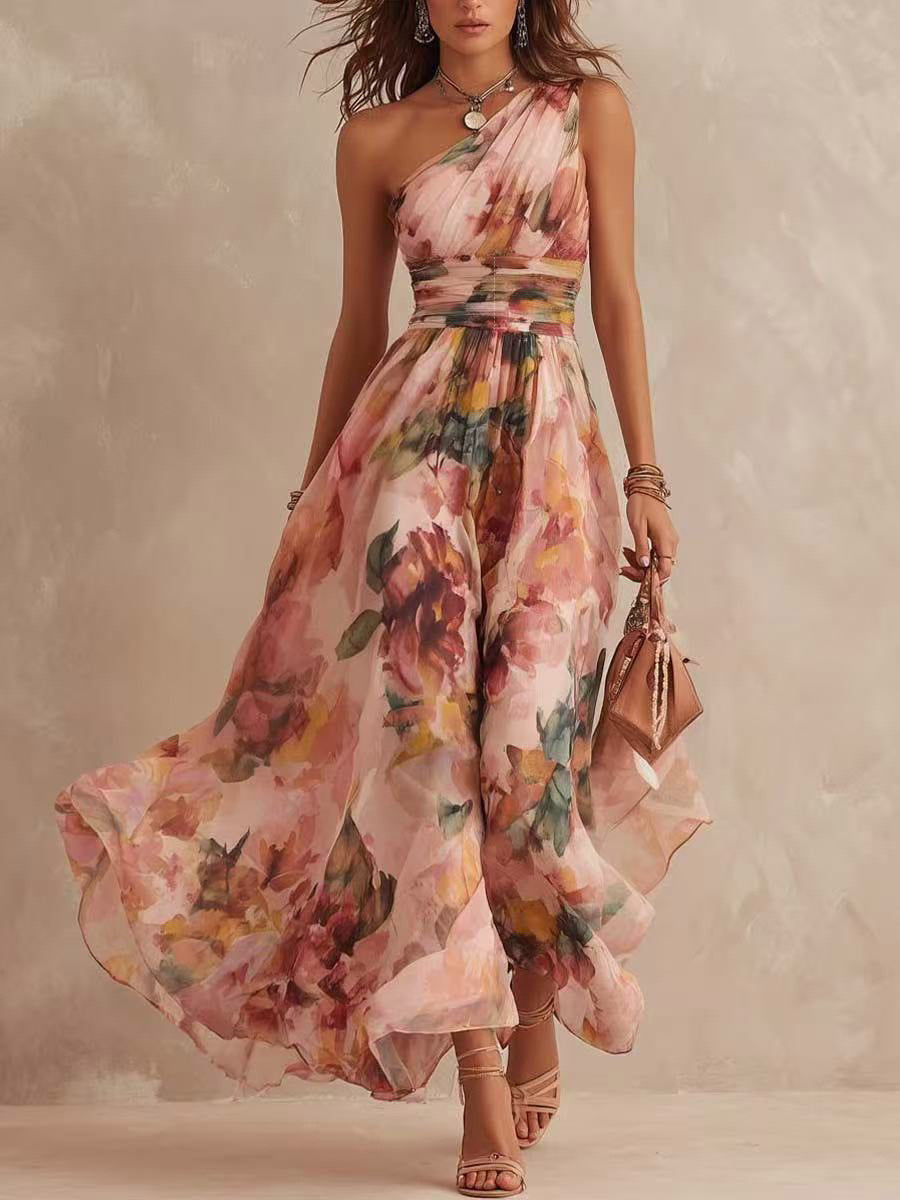 Pink Floral Chiffon Maxi Dress — view 5