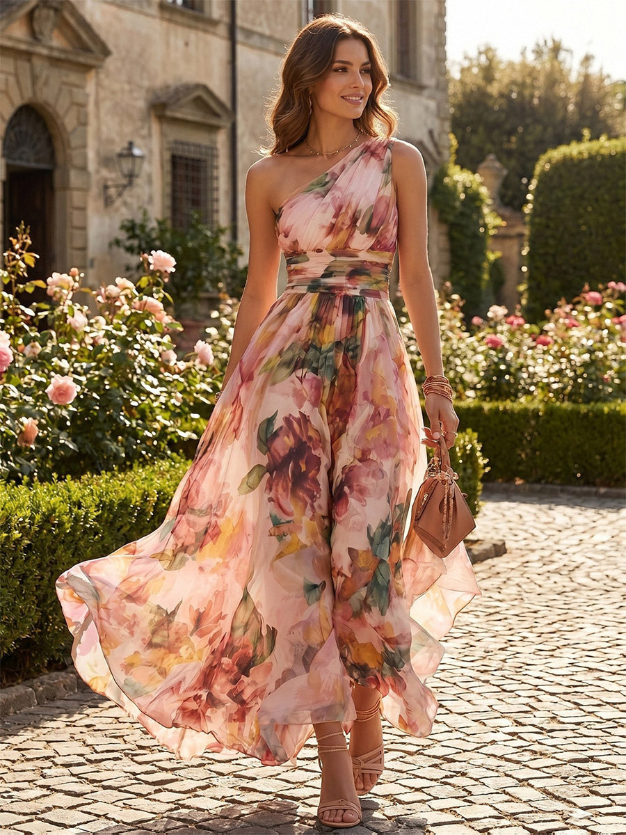 Pink Floral Chiffon Maxi Dress — view 4
