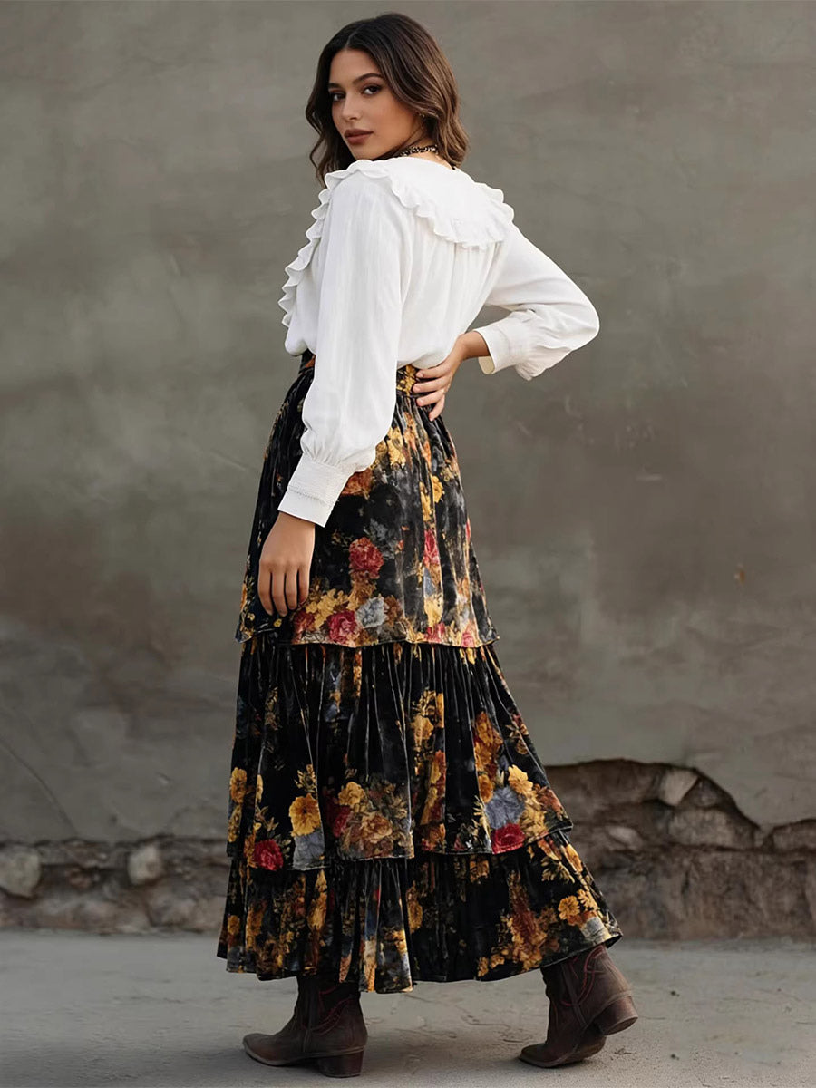Black Tiered High-Waisted Floral Skirt — view 4