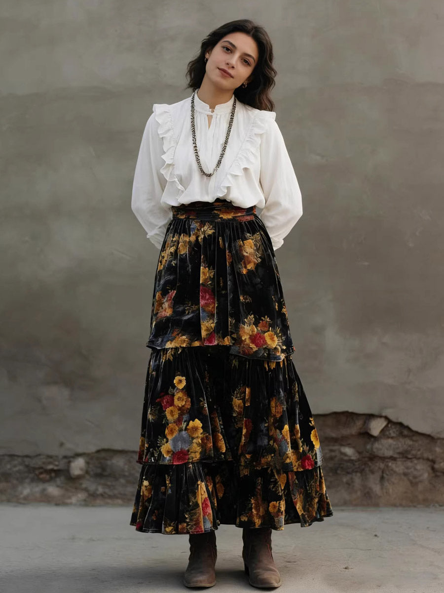 Black Tiered High-Waisted Floral Skirt — view 3