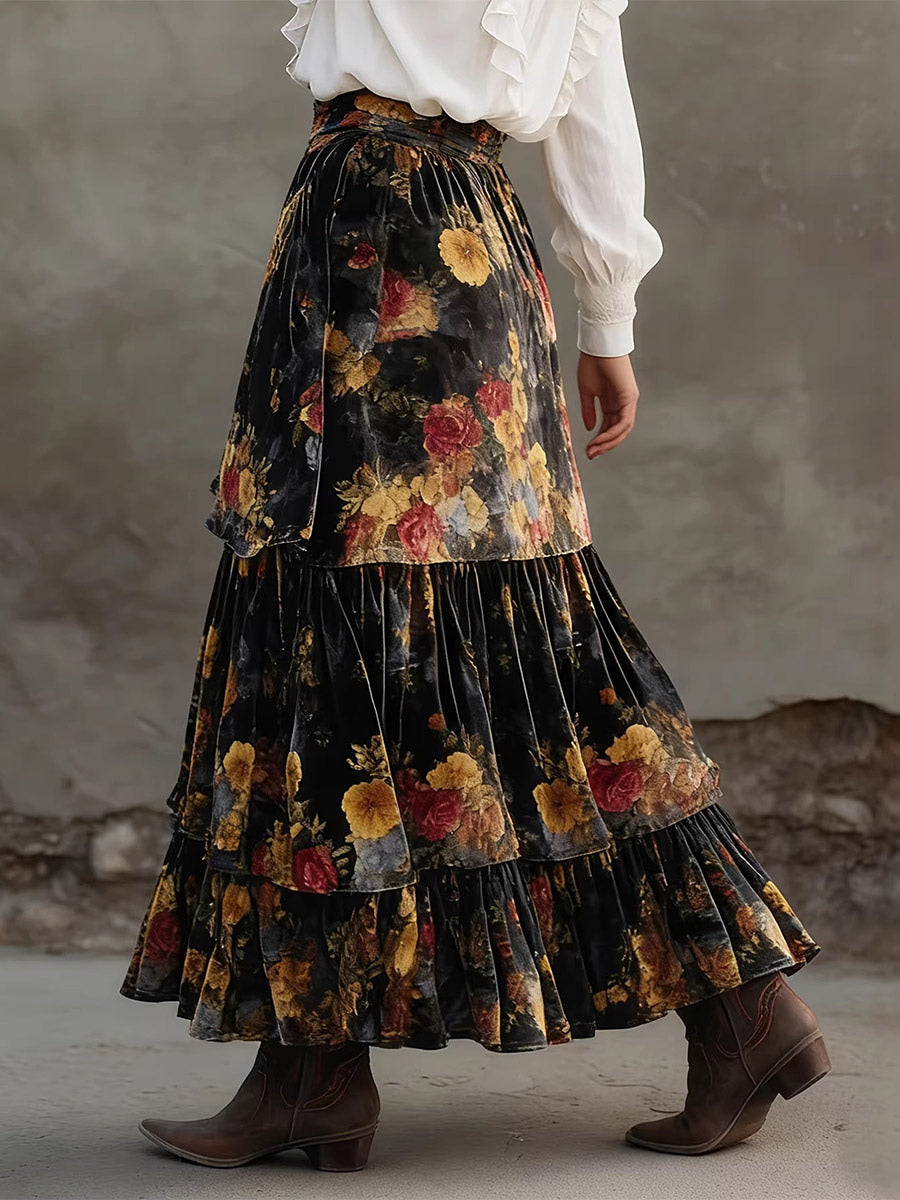 Black Tiered High-Waisted Floral Skirt — view 2