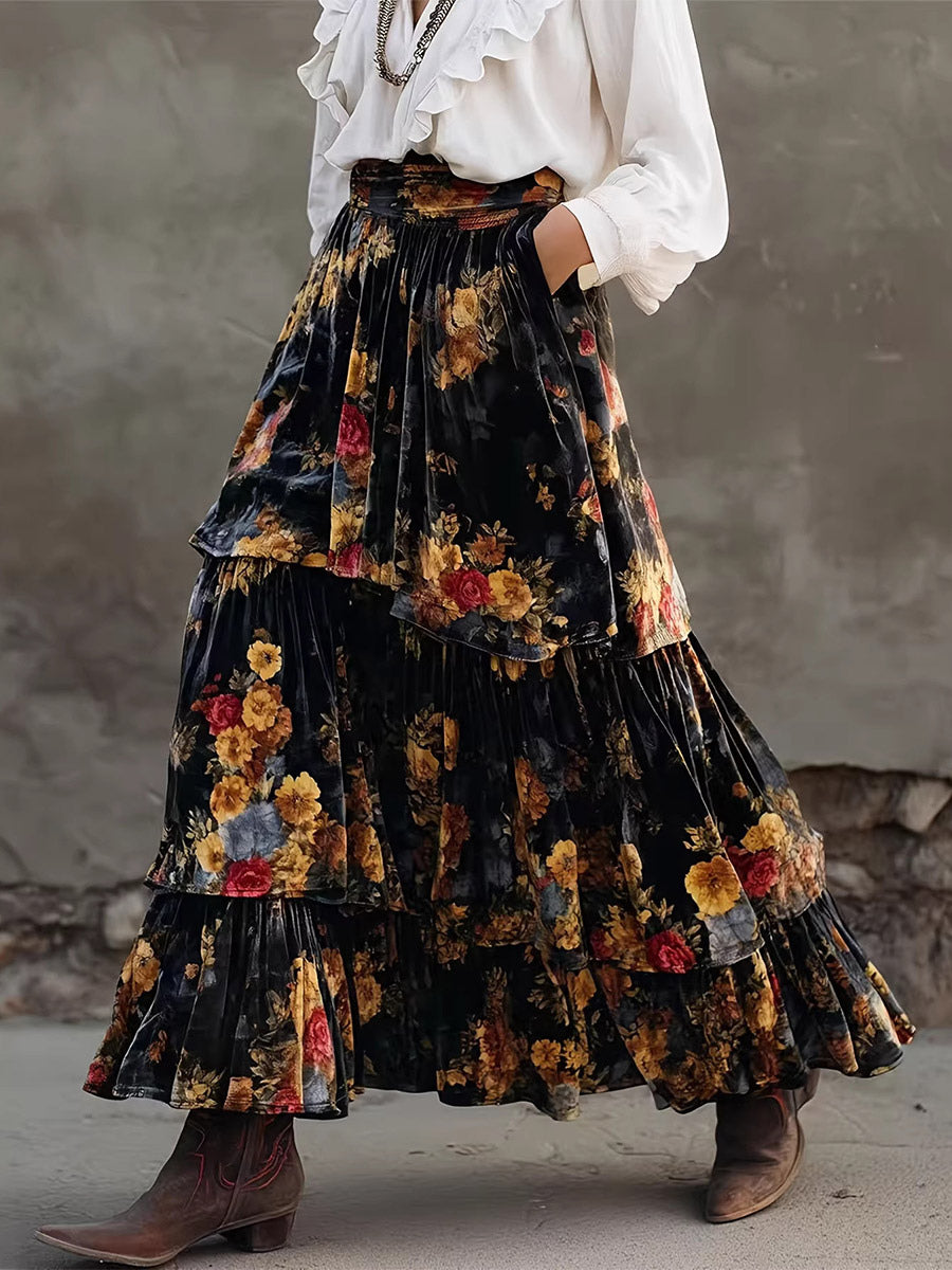 Black Tiered High-Waisted Floral Skirt — view 1