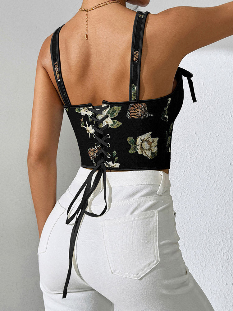 Apricot Lace-Up Floral Bow Detail Corset Top — view 19
