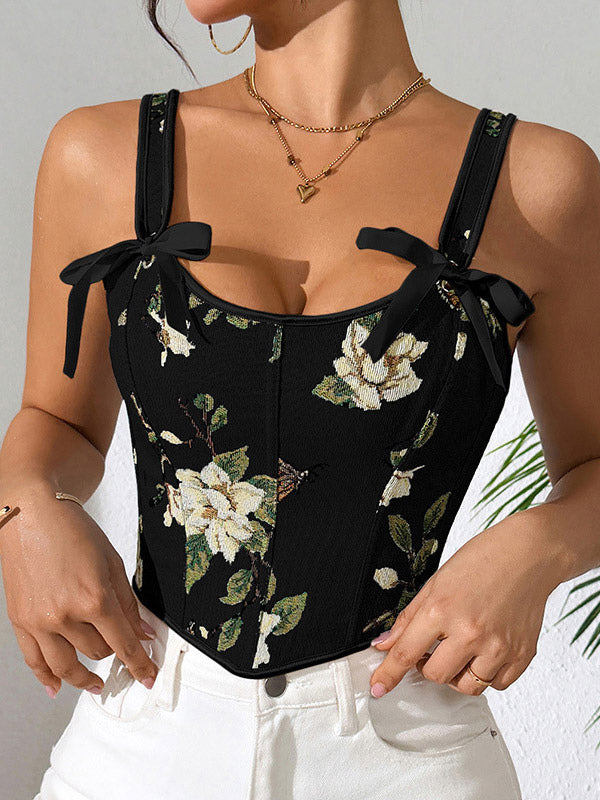 Apricot Lace-Up Floral Bow Detail Corset Top — view 18