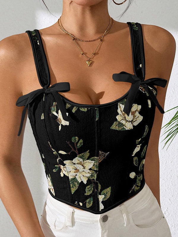 Apricot Lace-Up Floral Bow Detail Corset Top — view 17