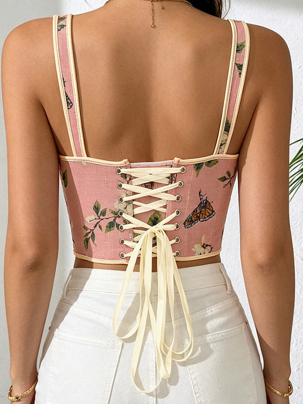 apricot lace up floral bow detail corset top — view 10