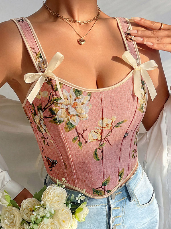 Apricot Lace-Up Floral Bow Detail Corset Top — view 8