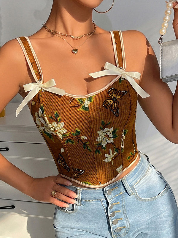 Apricot Lace-Up Floral Bow Detail Corset Top — view 12