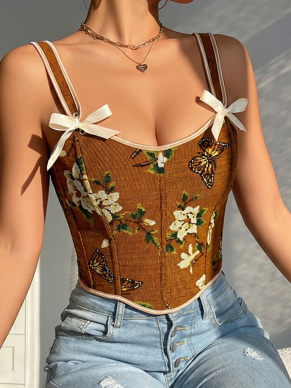 apricot lace up floral bow detail corset top — view 11