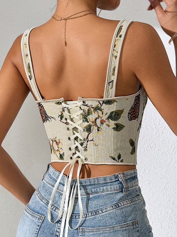 apricot lace up floral bow detail corset top — view 4