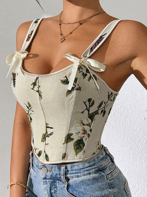 Apricot Lace-Up Floral Bow Detail Corset Top — view 3