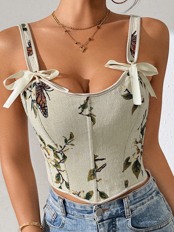 apricot lace up floral bow detail corset top — view 2