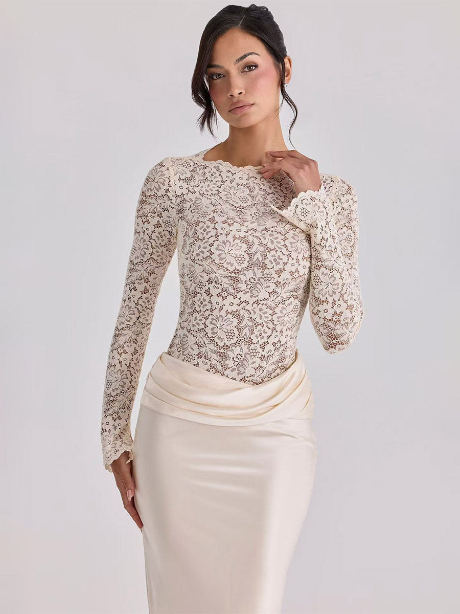 Nude Long-Sleeve High-Neck Lace Maxi Dress — view 13