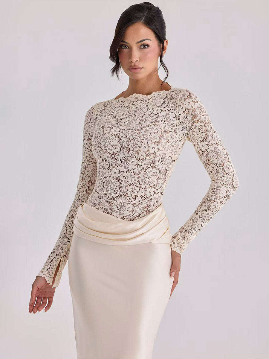Nude Long-Sleeve High-Neck Lace Maxi Dress — view 14