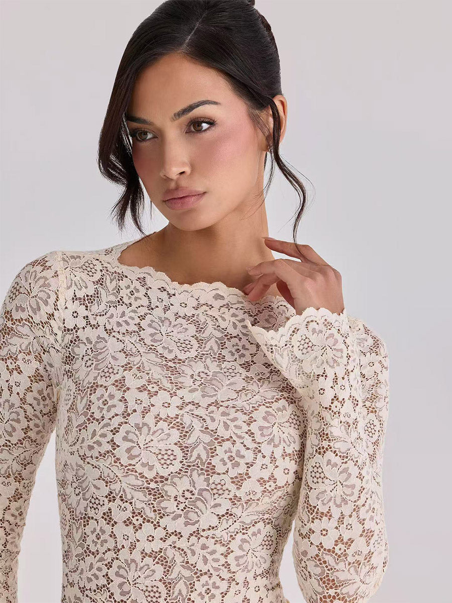 Nude Long-Sleeve High-Neck Lace Maxi Dress — view 16