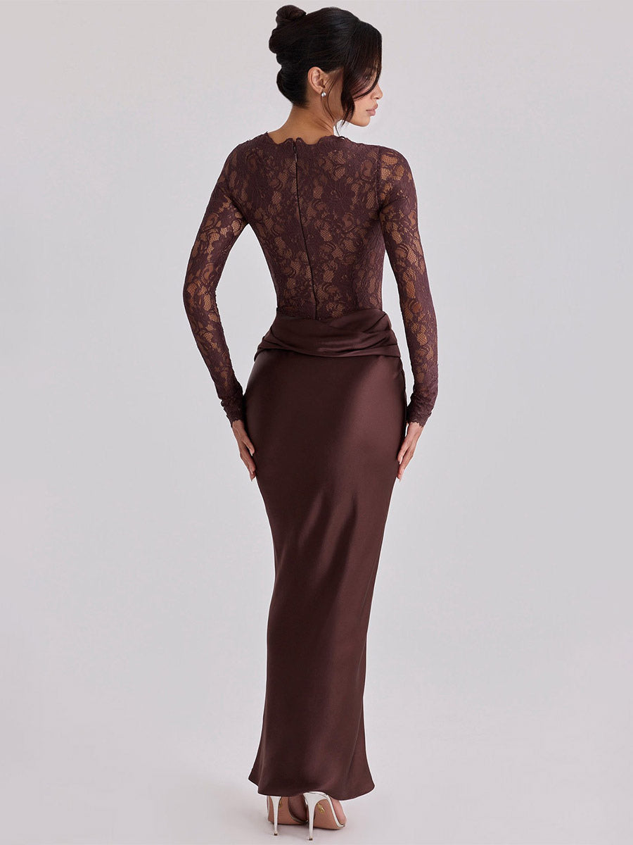 Nude Long-Sleeve High-Neck Lace Maxi Dress — view 8