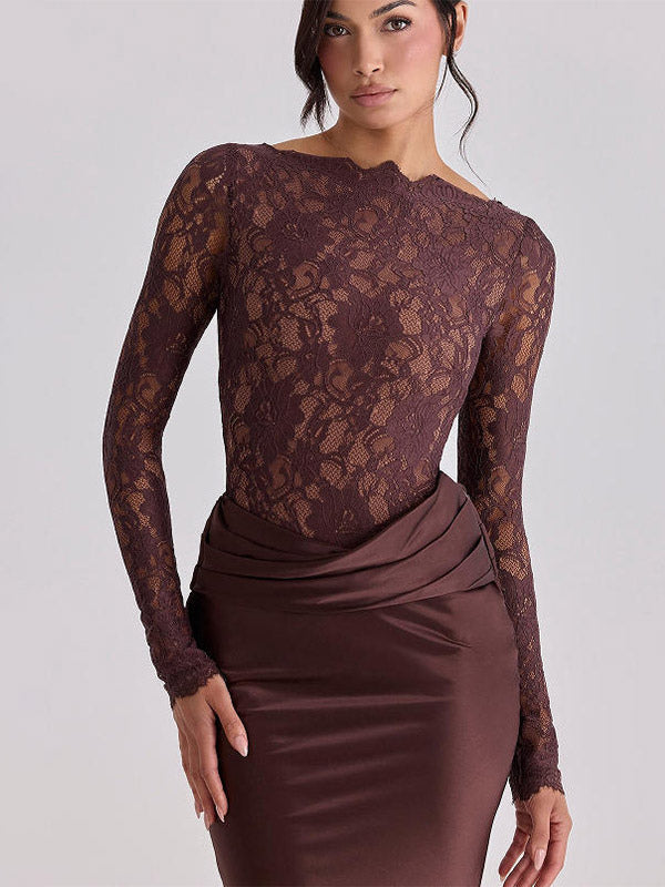 Nude Long-Sleeve High-Neck Lace Maxi Dress — view 10