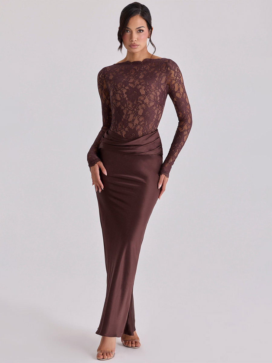 Nude Long-Sleeve High-Neck Lace Maxi Dress — view 5