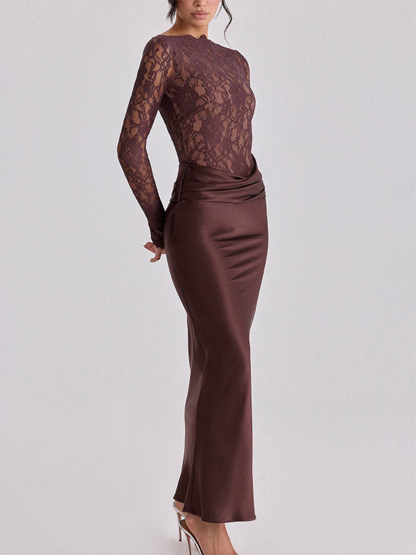 Nude Long-Sleeve High-Neck Lace Maxi Dress — view 6
