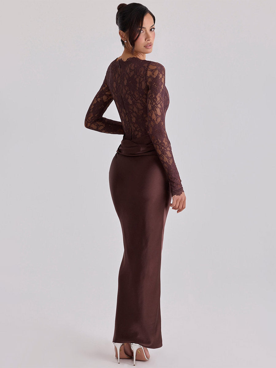 Nude Long-Sleeve High-Neck Lace Maxi Dress — view 7