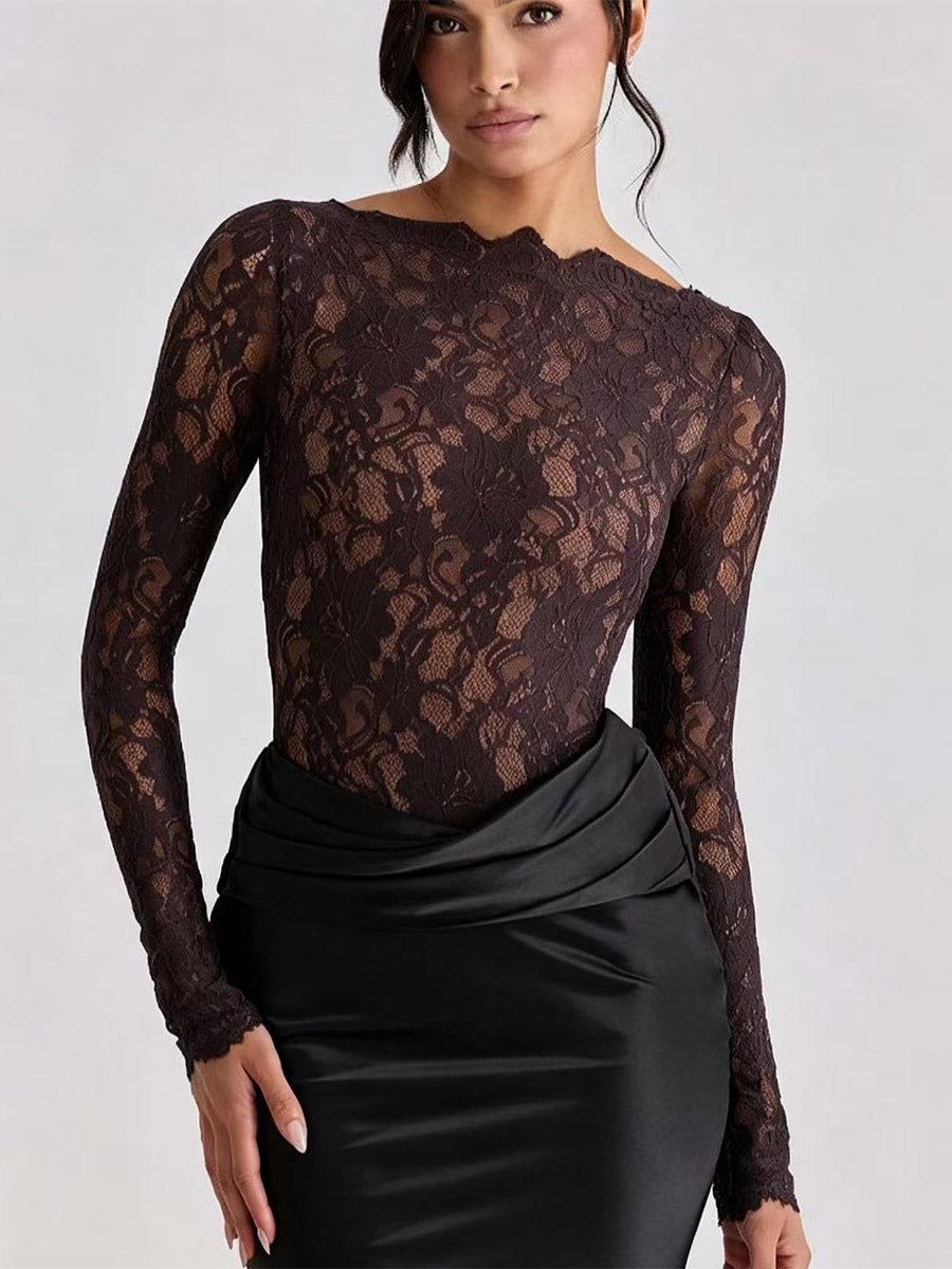 Nude Long-Sleeve High-Neck Lace Maxi Dress — view 11