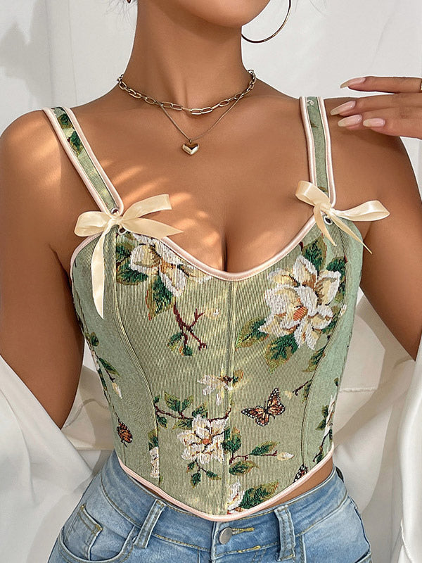 apricot lace up floral bow detail corset top — view 5