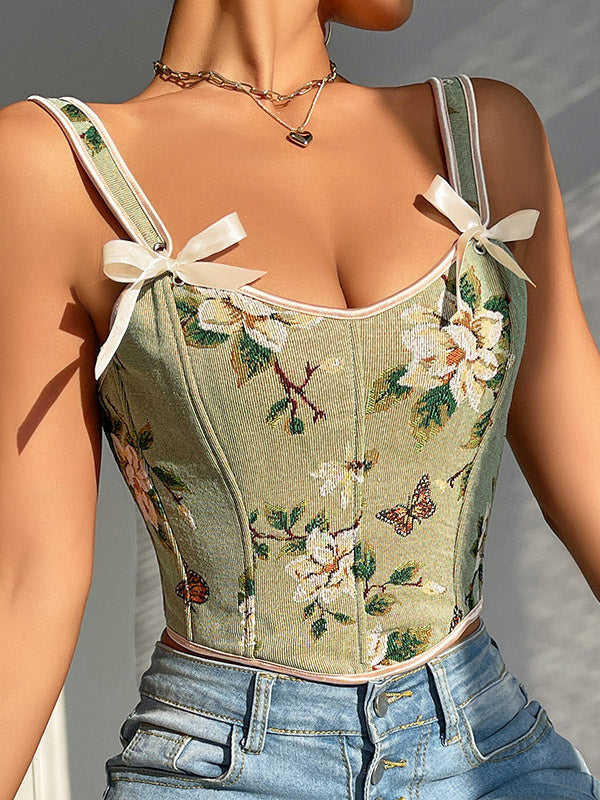 Apricot Lace-Up Floral Bow Detail Corset Top — view 6