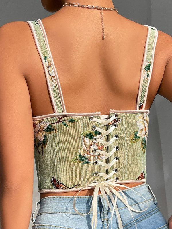 apricot lace up floral bow detail corset top — view 7