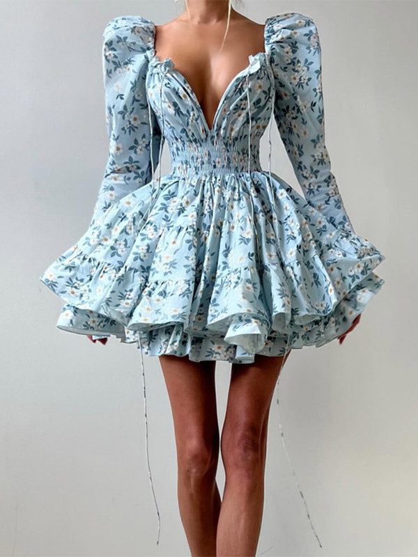 Blue Long-Sleeve Square-Neck Mini Dress — view 3