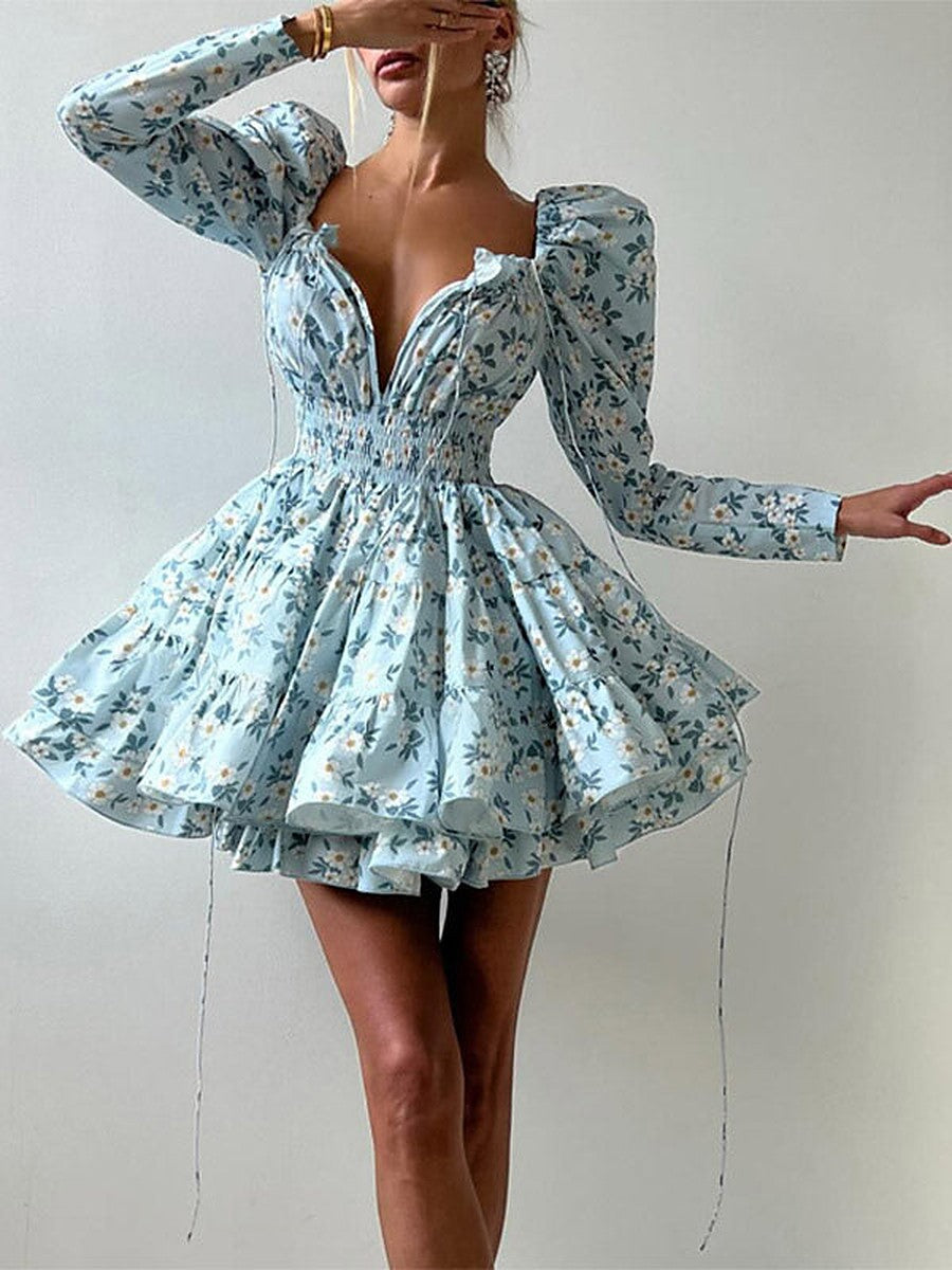 Blue Long-Sleeve Square-Neck Mini Dress — view 1