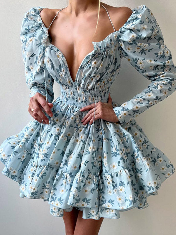 Blue Long-Sleeve Square-Neck Mini Dress — view 4