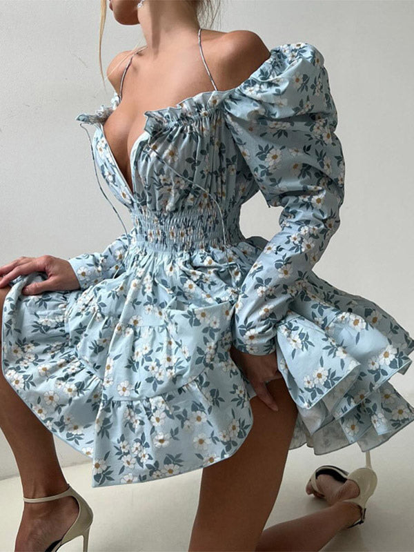 Blue Long-Sleeve Square-Neck Mini Dress — view 7