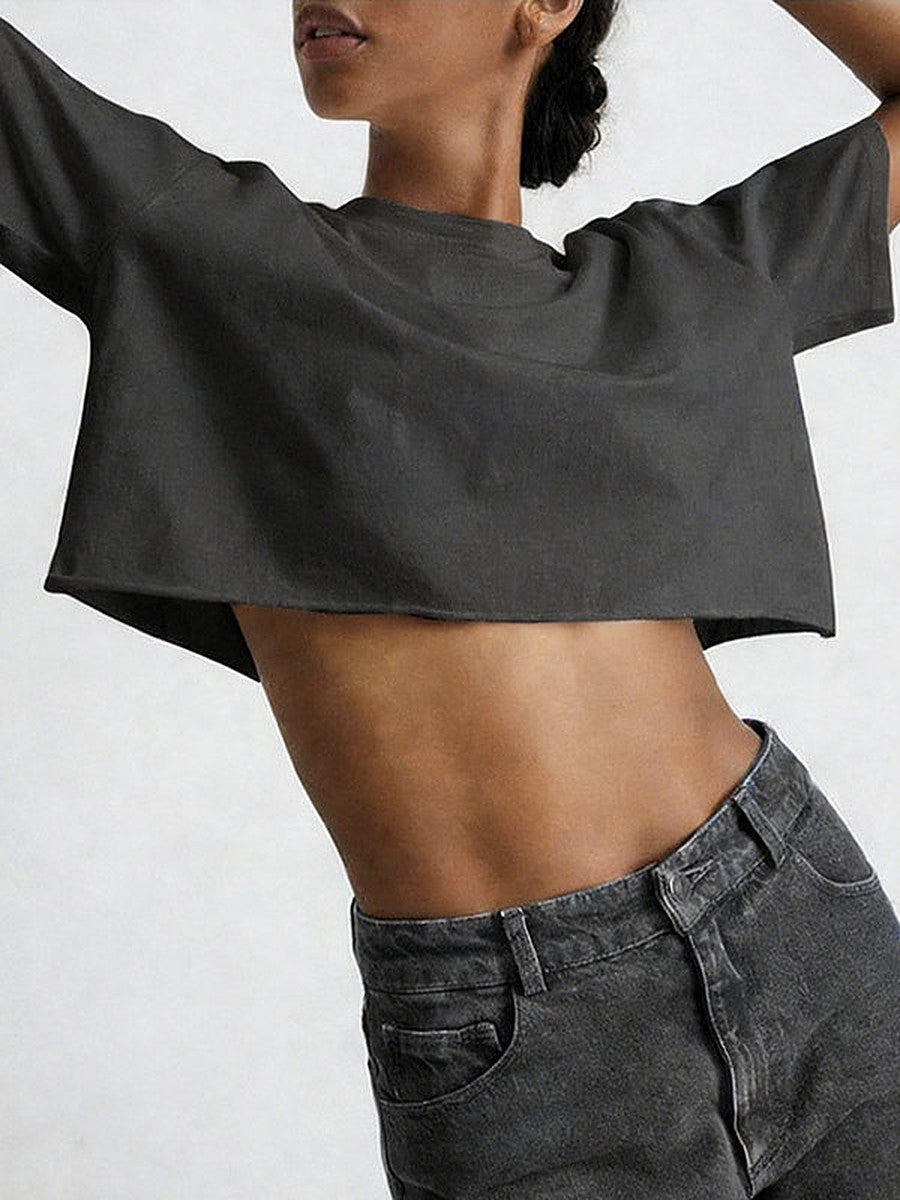 Charcoal Short-Sleeve Round-Neck Cropped Shirt — view 1