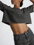 Charcoal Short-Sleeve Round-Neck Cropped Shirt — view 1