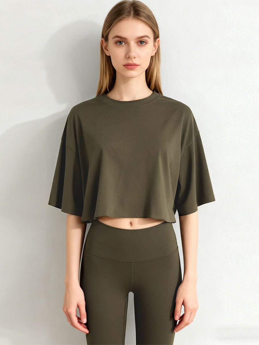 Charcoal Short-Sleeve Round-Neck Cropped Shirt — view 6